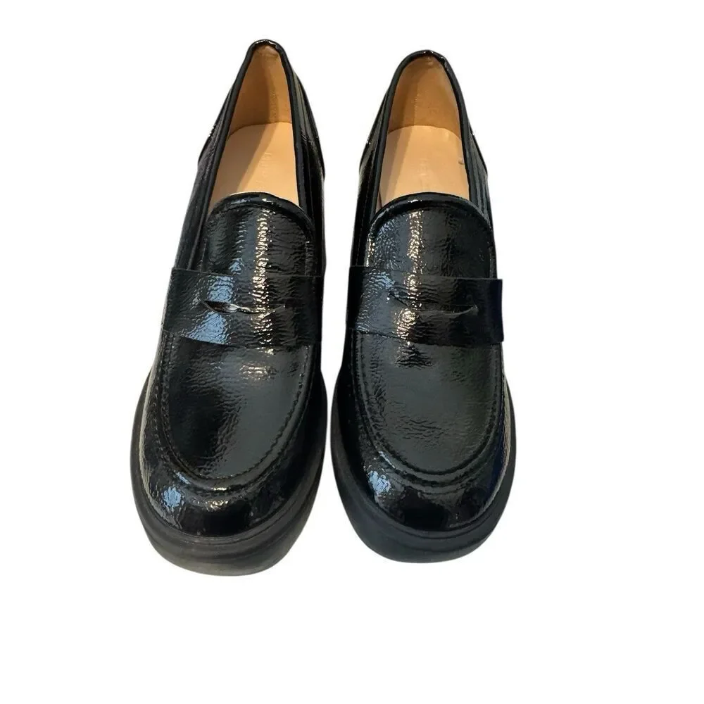 New PRINCESS POLLY Black Loafer Patent Leather Platform Heels Trending Sz 7
